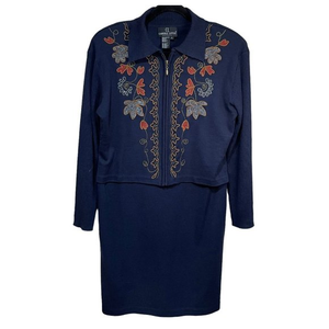 Carol Little Womens Sweater Dress Size large Vintage navy Embroidered Midi‎ Wool